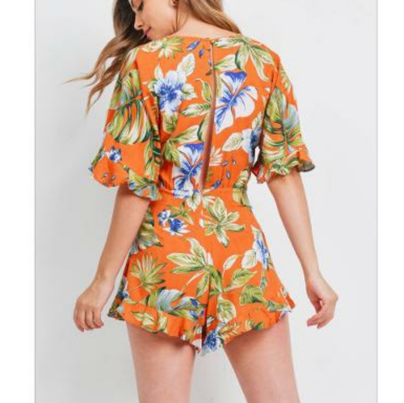 SKYLAR + MADISON Vibrant Rust Tropical Romper - Picture 3 of 7